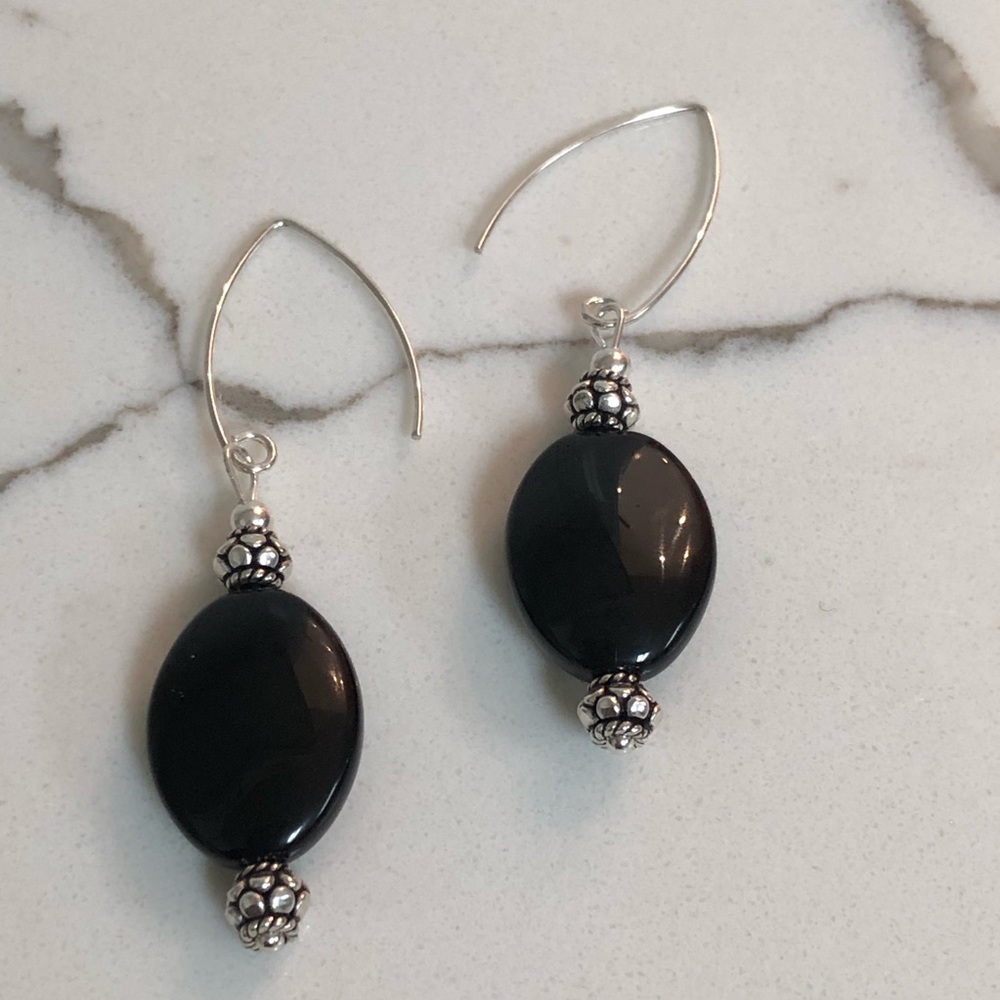 Black oval dangle bead earrings - sterling silver